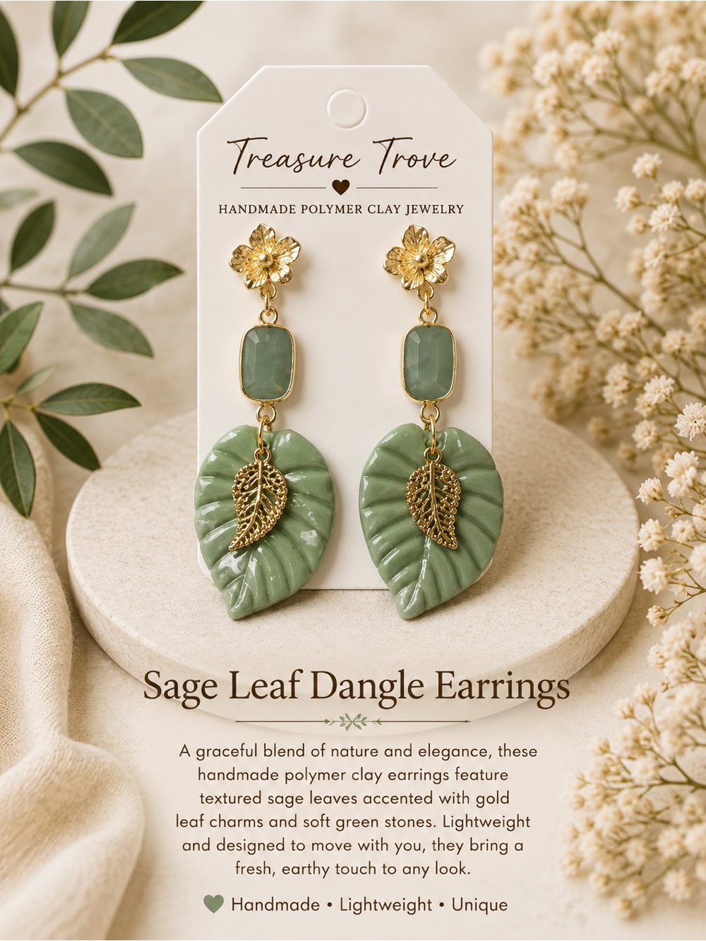 Treasure Trove Sage Green Leaf Drop Earrings with Gold Accents